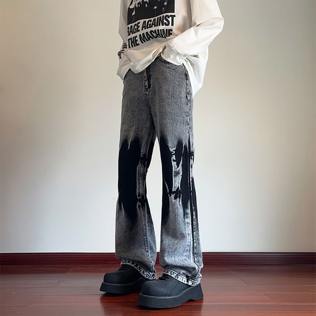 Cowpow-Mid Rise Tie Dye Washed Flared Jeans