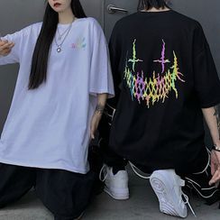Porstina - Reflective Print Short-Sleeve Round Neck T-Shirt Porstina - Reflective Print Short-Sleeve Round Neck T-Shirt