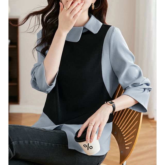 Jeonseon-Collared Two Tone Blouse