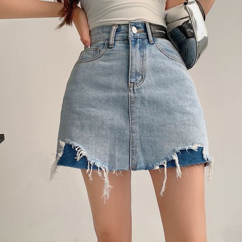 Distressed Denim Mini Pencil Skirt