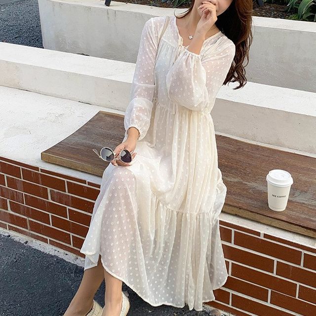 Empressa - Maternity Long-Sleeve Chiffon Midi A-Line Dress | YesStyle