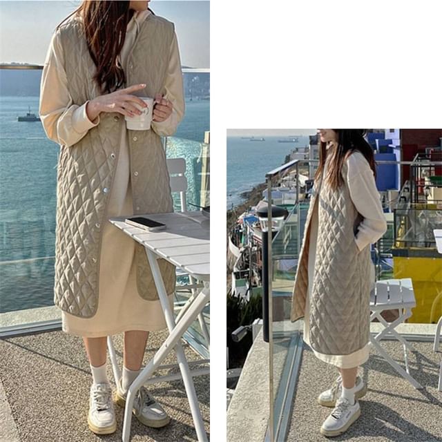 Lewwe-V-Neck Plain Quilted Button Long Vest