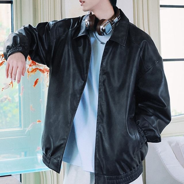 Zipper Mens Jacket Pu Shirt Jacket Black Faux Leather Cropped