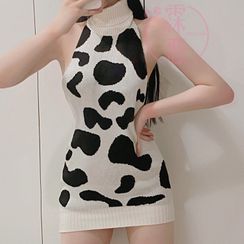 Momilove - Sleeveless Open-Back Milk Cow Print Sweater / Over-The-Knee Socks