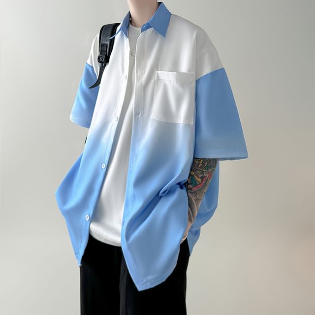 Priam-Short-Sleeve Ombre Button-Up Shirt