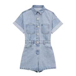 Short-Sleeve Collared Half-Buttoned Denim Romper