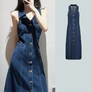 minaga Sleeveless Collared Button Up Denim Maxi Sheath Dress Sale