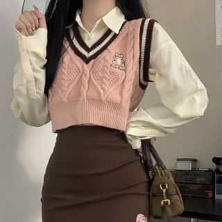 Yako V-Neck Cable Knit Crop Sweater Vest Sale