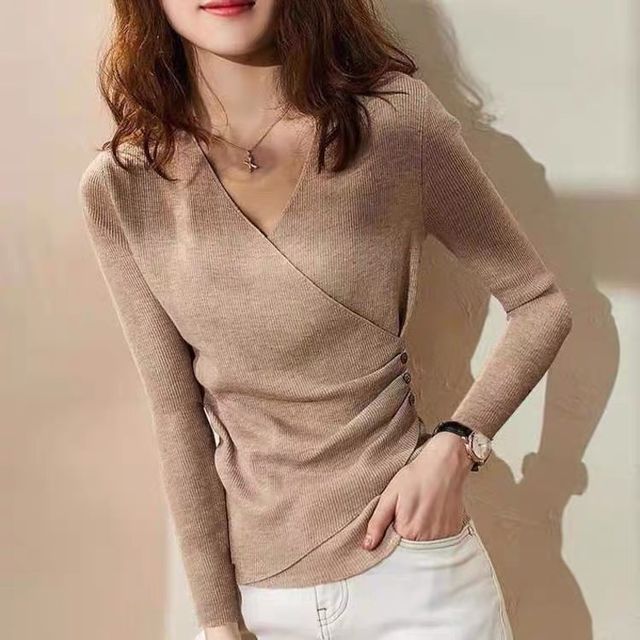 Everose-Long-Sleeve V-Neck Plain Ruched Ribbed Knit Wrap Top