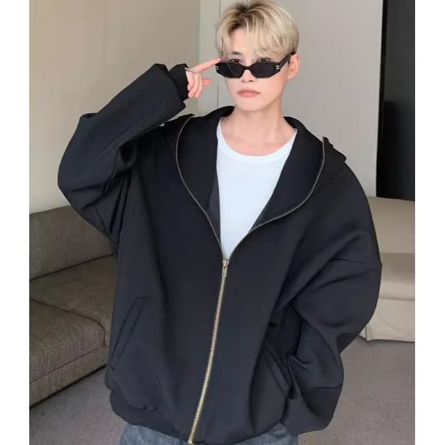 Savenne-Stand Collar Plain Hooded Zip Jacket