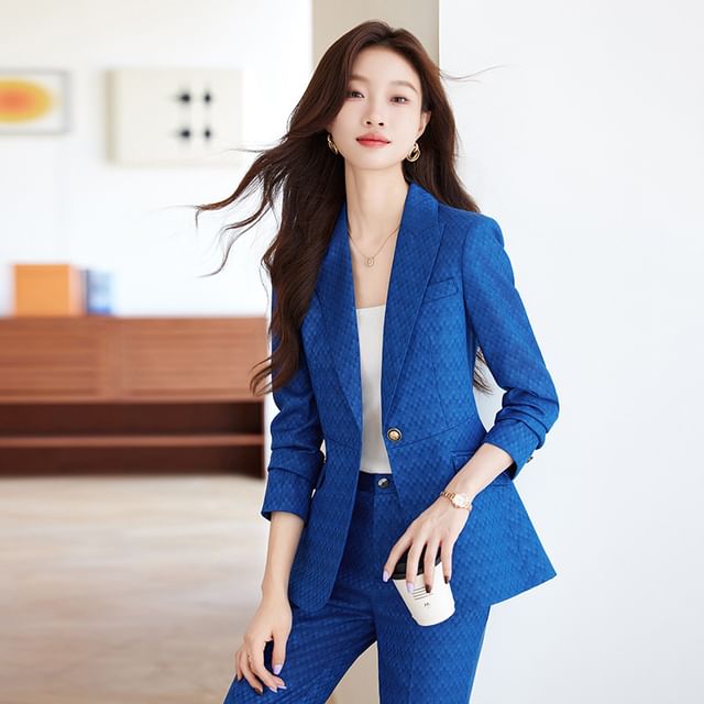 Princess Min-Peak Lapel Plain Jacquard Single Breasted Blazer High Rise Wide Leg Dress Pants