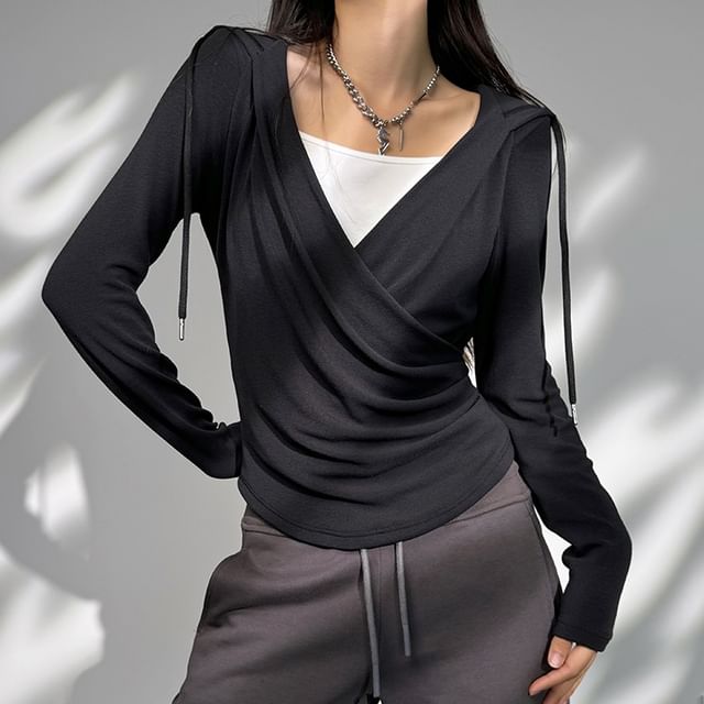 Faiar-Mock Two-Piece Long-Sleeve Two-Tone Hooded Tee