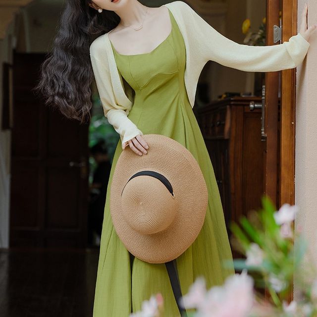 Cocaliso - Set: Wide Strap Plain Midi A-Line Dress + Plain Crop Open Front  Cardigan | YesStyle