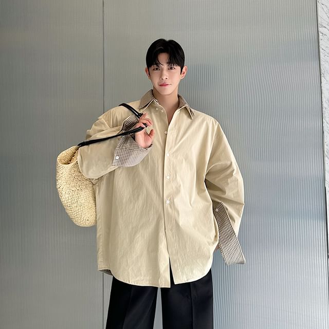 ravewider-Long-Sleeve Plaid Panel Button-Up Shirt