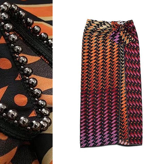 Dewewan-Geometric Print Beaded Skirt