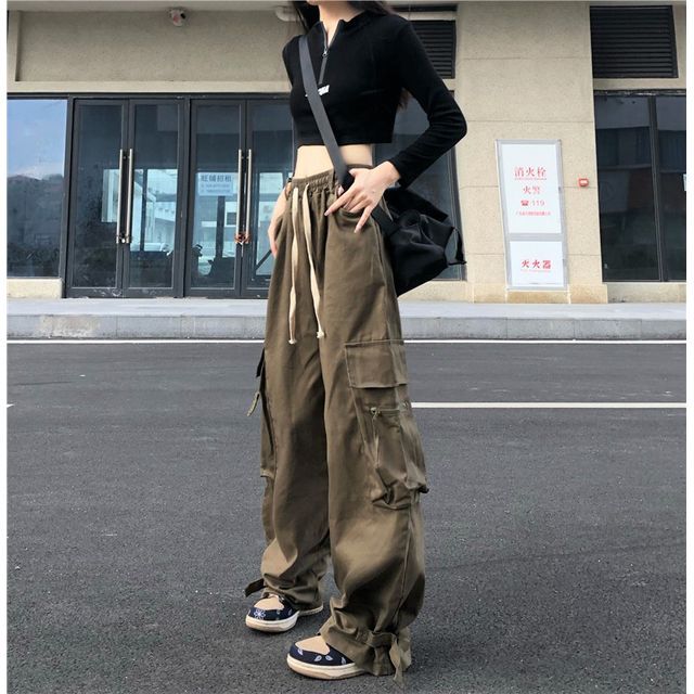 AXEN - High Waist Plain Wide Leg Cargo Pants | YesStyle