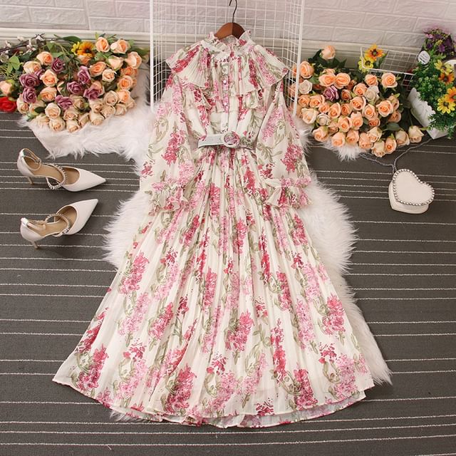 【I AM MARI】Atyu Pink Flower Shirring Chiffon One Piece Yolandus - Long-Sleeve Stand-Collar Print Ruffle Chiffon