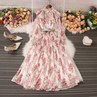 Yolandus - Long-Sleeve Stand-Collar Print Ruffle Chiffon