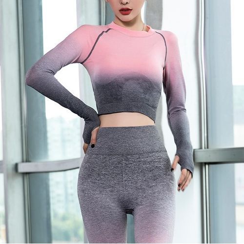 Athletic Seamless Leggings and Long Sleeve Crop Top Yoga Outfits