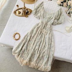 Lucuna - Short-Sleeve Lace-Overlay Floral Midi A-Line Dress
