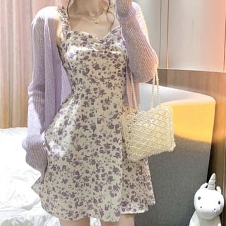 Shinsei Spaghetti Strap Floral Print Mini A-Line Dress / Cardigan Sale