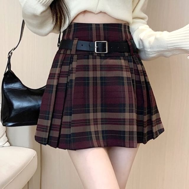 Malrowe Set: High Waist Plaid Mini Pleated Skirt Belt YesStyle