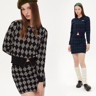 Nariele Collar Argyle Zip Cardigan High Rise Knit Mini Pencil Skirt