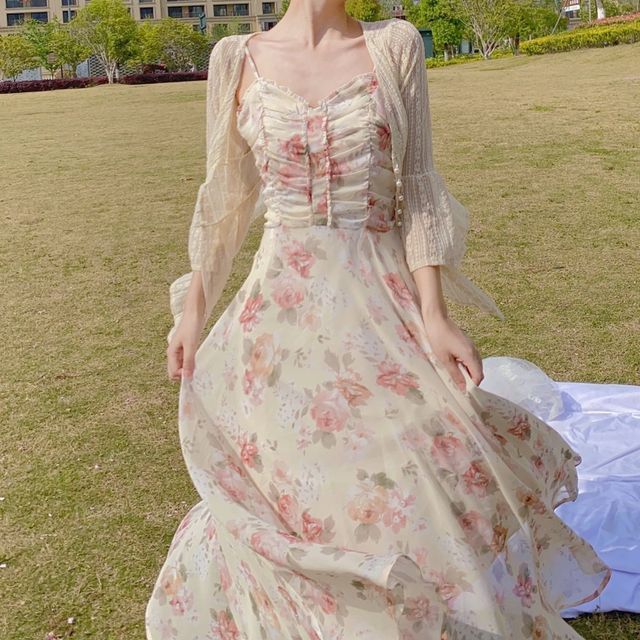 yesstyle cottagecore dress Catamin - Floral Strappy Midi A-line Dress / Light Jacket / Set