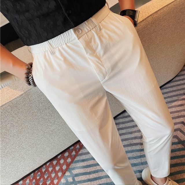 Lefitt-Elastic Waist Plain Cropped Straight Leg Pants