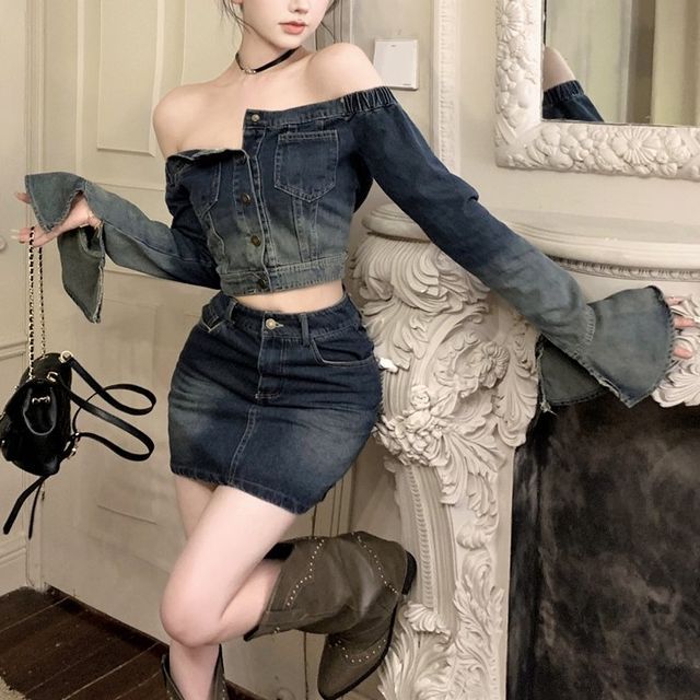 Alfie Set: Long-Sleeve Off-Shoulder Cropped Denim Top Denim