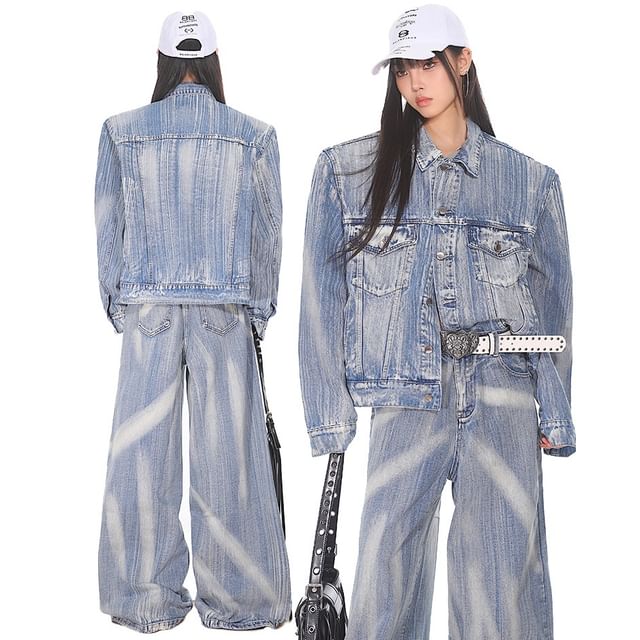 AXEN-Striped Washed Denim Single-Breasted Jacket