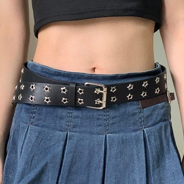 Black Star Studded Faux Leather Waist Belt AEXHOT 3 Pcs Black Studded Belt Y2K Belt Faux Leather Star  main image 2