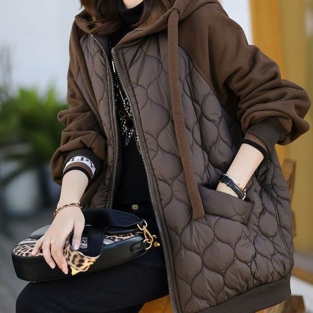 INEN-Hooded Plain Quilted Zip Up Jacket