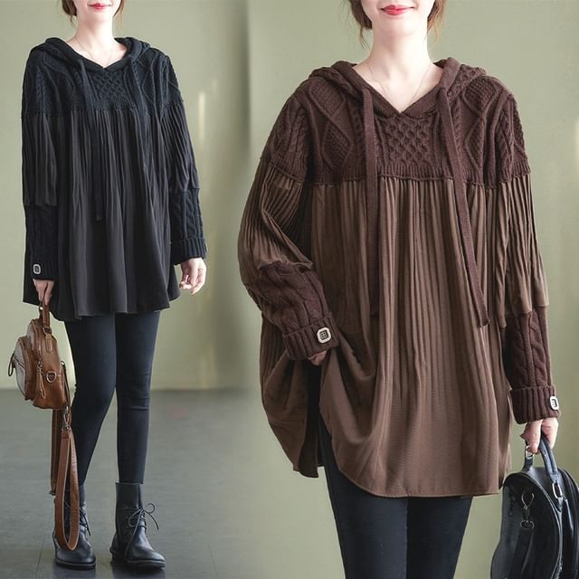 Lewwe-Long-Sleeve Paneled Knit Hoodie