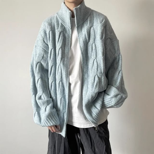 Adothuiastic-Stand Collar Plain Cable Knit Zip Cardigan