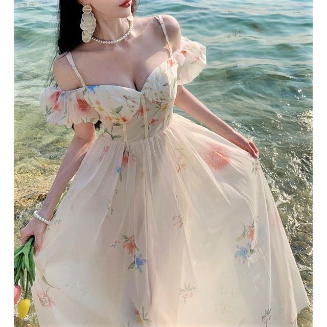 SisLinda - Cold-Shoulder Floral Print Shirred Midi A-Line Dress | YesStyle