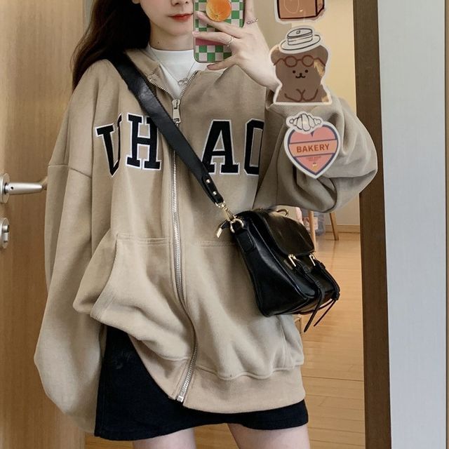 Hevnir Letter Embroidered Zip Oversized Hoodie Yesstyle