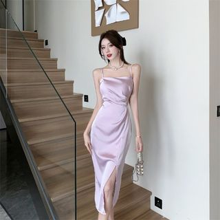 Yilda-Spaghetti Strap Plain Ruched Slit Midi A-Line Dress