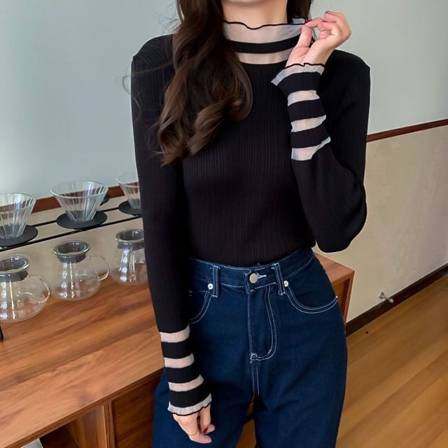 Sisyphi-Long-Sleeve Mock Neck Plain Mesh Panel Ribbed Knit Top