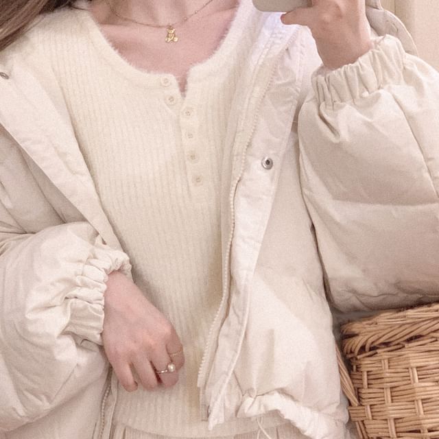 Glotto-Long Sleeve Crew Neck Henley Fluffy Top