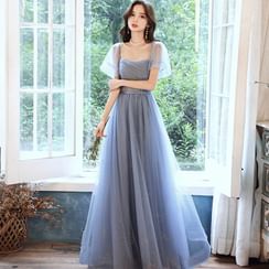 OOMEI - Short-Sleeve Mesh A-Line Evening Gown