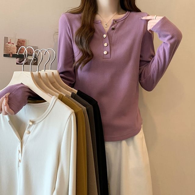 Dragan Pulse-Long-Sleeve Notch Neck Plain T-Shirt