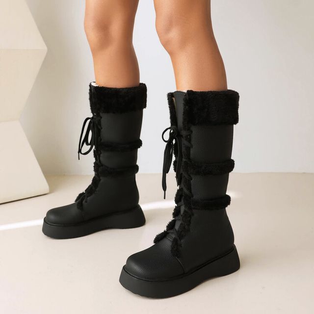 Queen Zoo-Lace-Up Fluffy Panel Platform Tall Boots