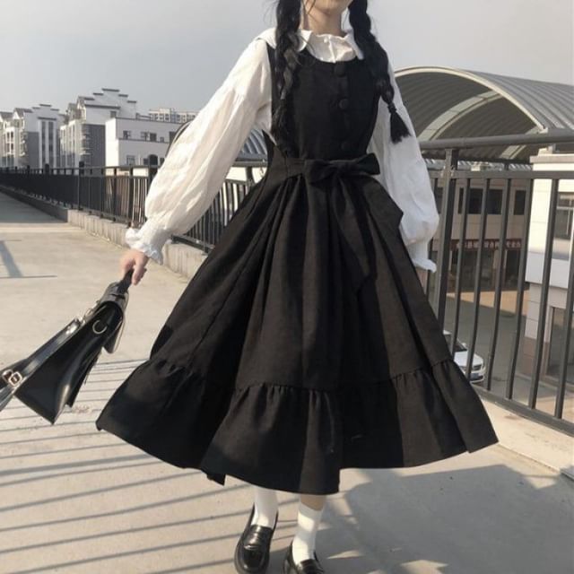 Sisyphi-Collared Plain Blouse Midi Jumper Dress Set Various Designs