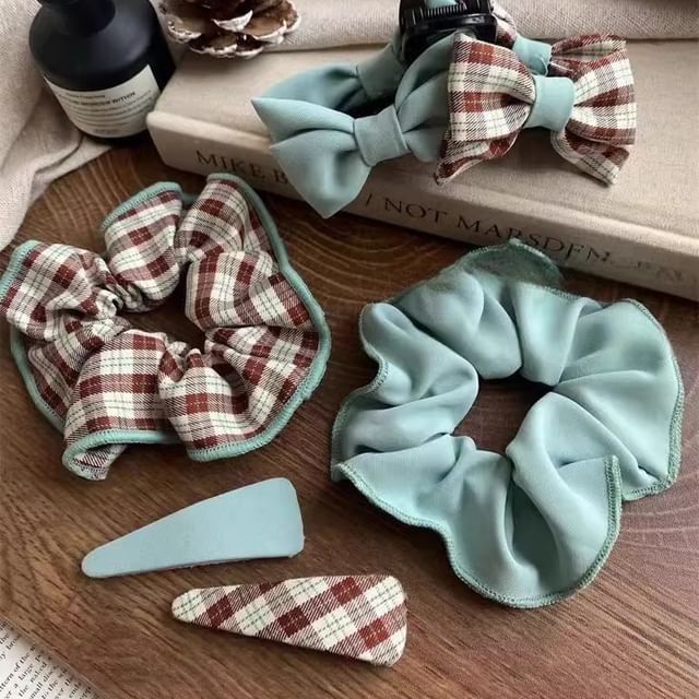 Baburu-Plaid Plain Scrunchie Set