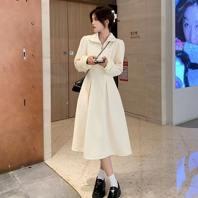 Everose-Long-Sleeve Stand Collared Midi A-Line Dress