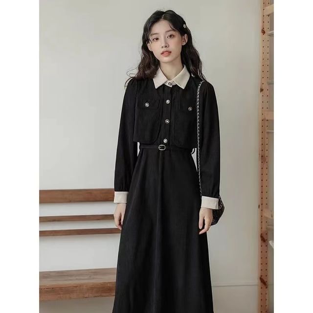 chinese dress ladies P. CILL Navy Collared Long Sleeve Midi Dress
