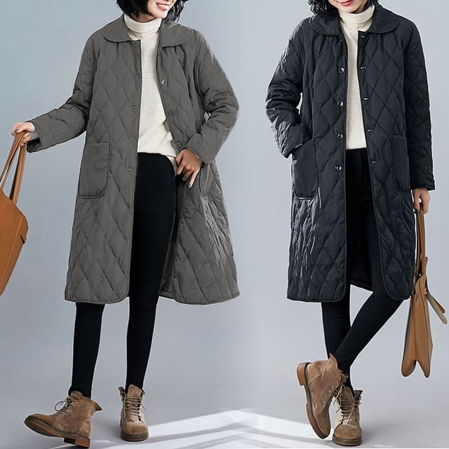 Lewwe-Peter Pan Collar Plain Quilted Button-Up Long Coat