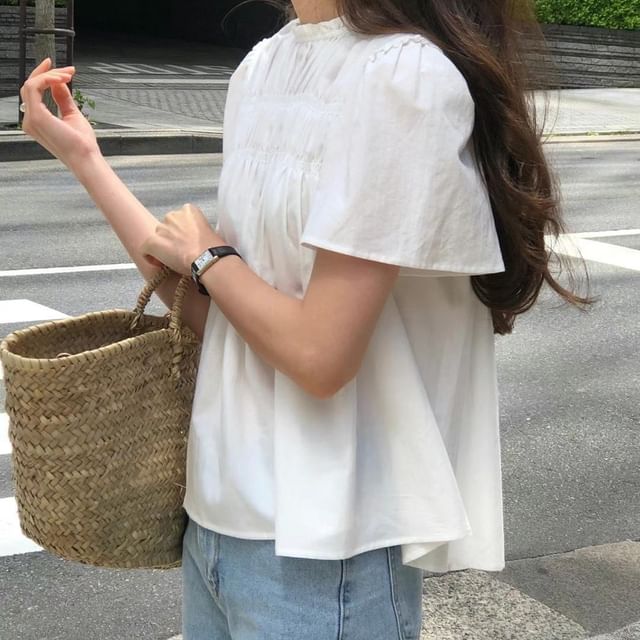 Tulstrix-Short Sleeve Stand Collar Plain Ruched Blouse