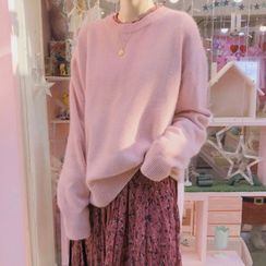 Yunhouse(ユンハウス) - Plain Crew-Neck Sweater / Flower Print Long-Sleeve Midi Shift Dress Yunhouse(ユンハウス) - Plain Crew-Neck Sweater / Flower Print Long-Sleeve Midi Shift Dress